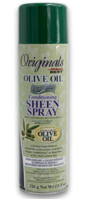 olive oil and shea oil sheen spray adds instant shine and moisture
