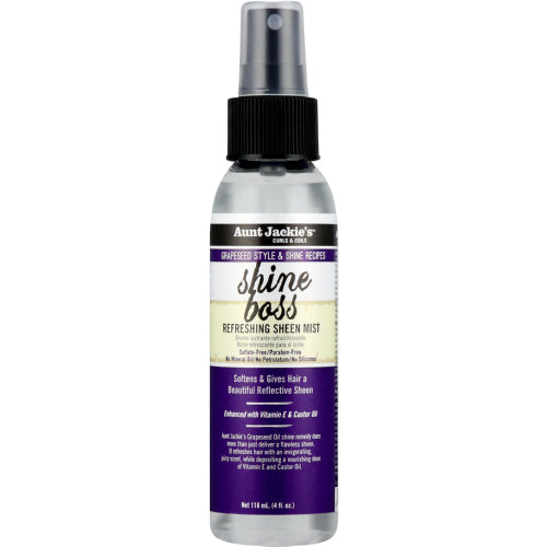 aunt jackies shine boss enriched with grapeseed and jojoba oils to revive dull, dry hair and reduce frizz